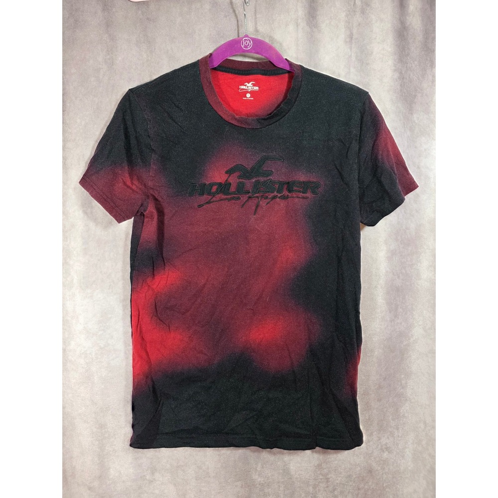 Hollister Mens Small Black Red Spray Dye Graphic T-Shirt Los Angeles Logo Tee